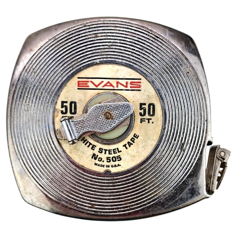 Vintage Evans Tape Measure 50 Ft White Steel 505 Made In USA Wind Up Knob Tool